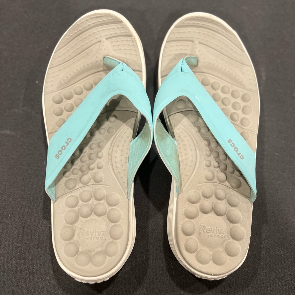 Crocs Grey and Blue Flip Flops Women’s Shoe Size 11 Wide